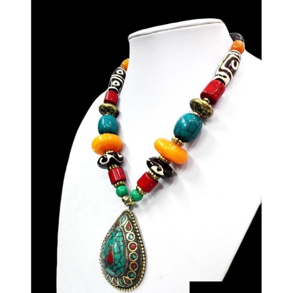 

18'' ethnic bright waterdrop pendant necklace howlite turquoise dzi bead amber oyzz-008 6ienh, Black