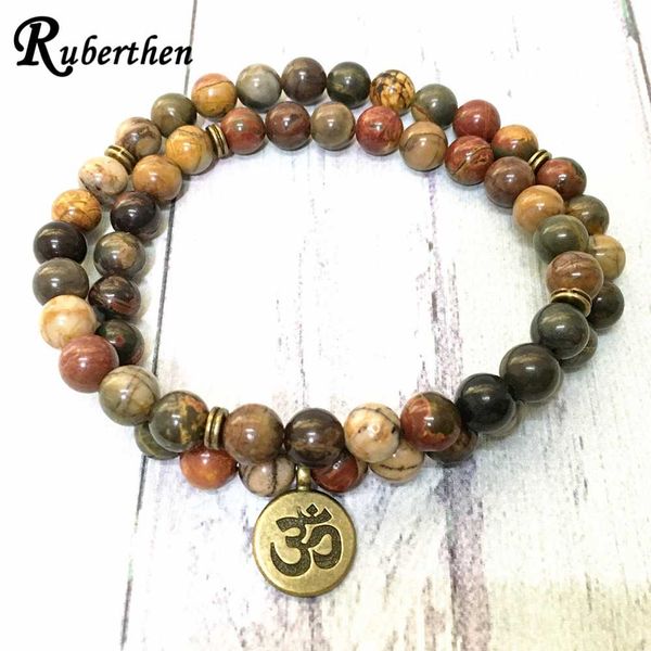 

ruberthen 8 mm picasso j asper 54 mala ohm bracelet women`s wrap energy bracelet yoga meditation balance practice jewelry, Black