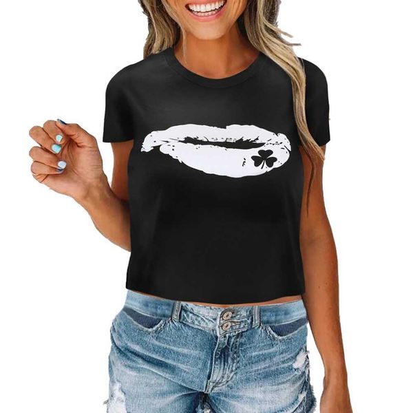 

summer women's lip print t-shirt round neck fashion sleeve casual loose short daily wear, White