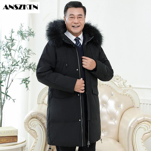 

2020 new fashion winter thick long men's down jacket luxury fur collar new style middle age men casual warm hooded, Black