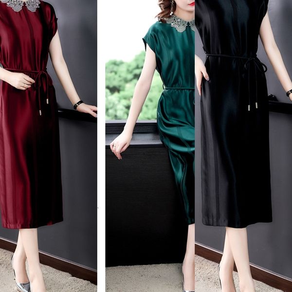 

9hdyx сатин уксусной кислота платье 2020 стиля свободной шнуровка корейского новая женщины шелк лето dresssilk dressdress женской одежда mqr, Black;gray