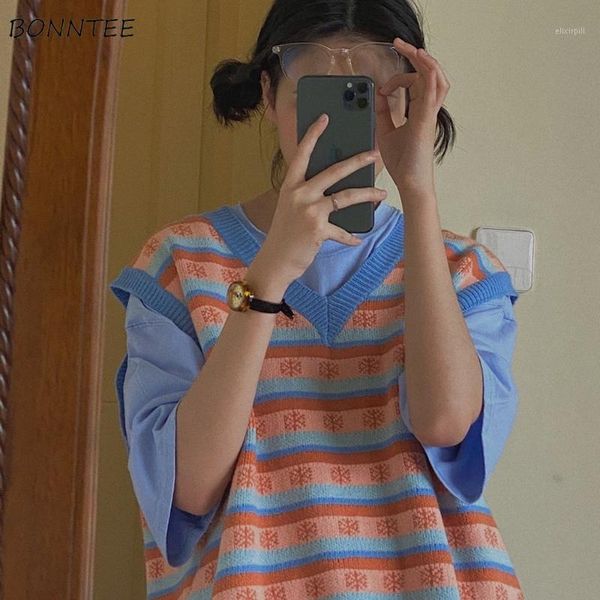 

sweater vest women harajuku striped chic bf style popular autumn new teens sleeveless knitwear loose casual v-neck ladies trendy1, Black;white