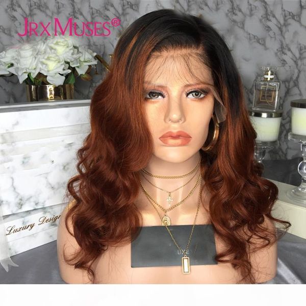 

reddish brown lace front human hair wigs copper red body wave ombre with dark roots t part wig preplucked for black women, Black;brown