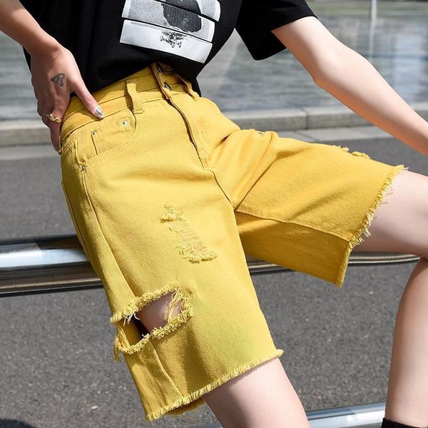 

yellow denim capris women's summer loose straight in the tube broken hole fashion 5-point daddy pants high waist shorts