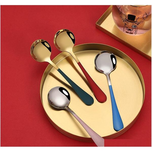 

round spoon soup spoons dessert spoon stainless steel cutlery flatware ice cream dessert rice salad dinnerware drop shipping