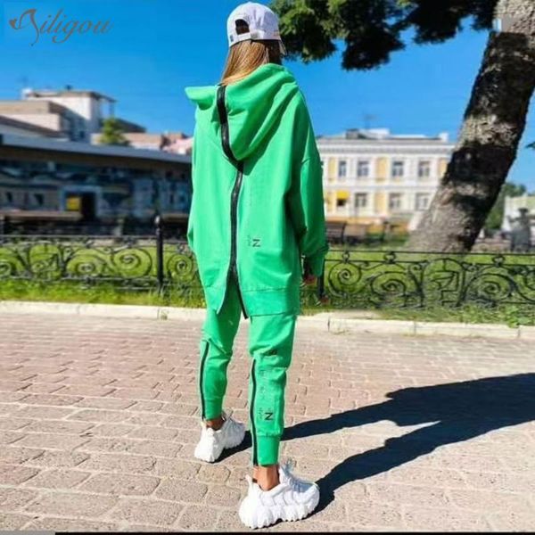 

ailigou 2020 new women's loose letters sports set casual zipper long sleeve hooded collar sweater & pants two-piece set, Gray