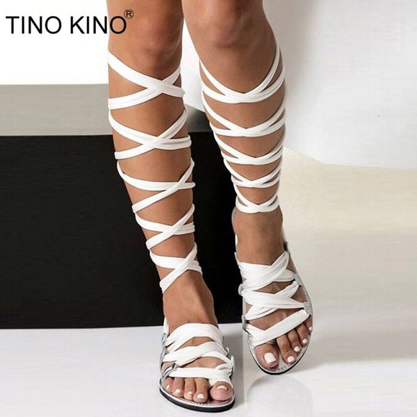 

2021 new women gladiator cross tied flat summer sandals casual open toe knee high shoes plus size ladies fashion 7112, Black