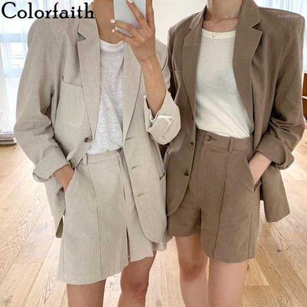 

colorfaith 2020 new summer women's sets 2 pieces matching wide leg short pants casual cotton and linen pockets lady suit ws93121, White
