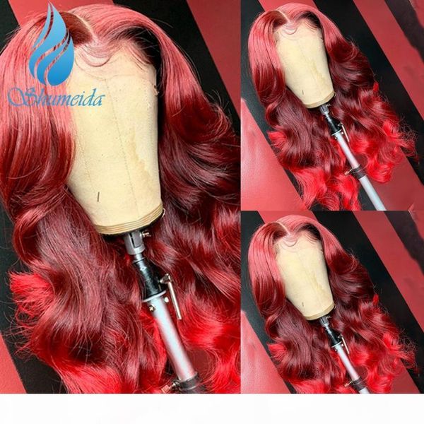 

shumeida ombre red color lace front wigs with baby hair brazilian remy human hair wigs body wave lace, Black;brown