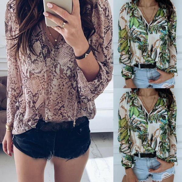

new style women blouses print leopard plus size women v neck long sleeve blouse chiffon baggy loose summer fashion 20191, White