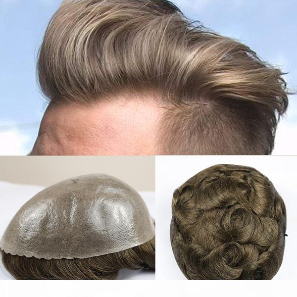 

durable thin skin mens wigs human hair replacement brown color and grey color inside pu men hair toupee, Black