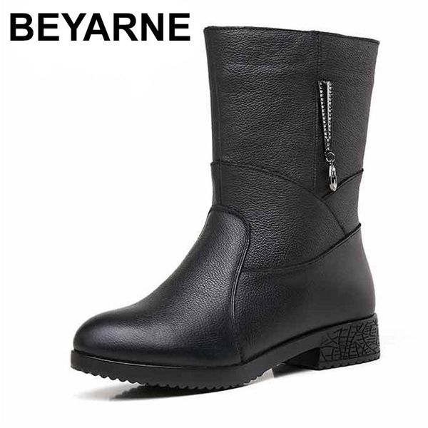 

boots beyarne arrival women ladies female mother genuine leather shoes mid-calf warm plush fur winter zip 35-42, Black