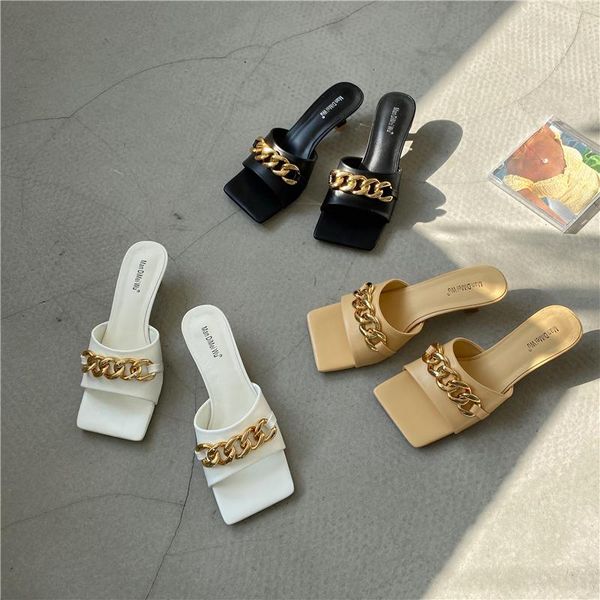 

slippers fashion women square toe metal chain shallow slip on low heels black/yellow/white casual slides elegant