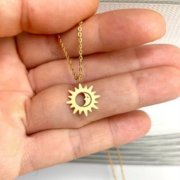 

pendant necklaces boho jewelry moon and sun necklace retro long sweater chain human face crescent collier femme stainless steel collares, Silver