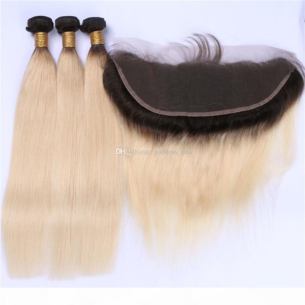 

brazilian silky straight hair wefts with lace frontal ombre color #1b 613 ear to ear full lace closure with hair bundles 4pcs lot, Black