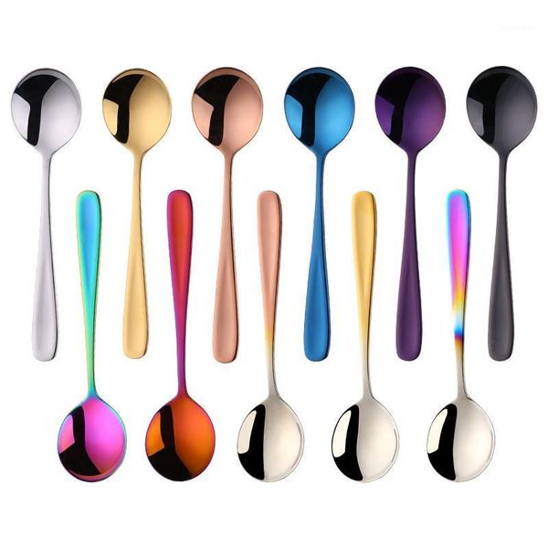 

spoons 8pcs/lot round spoon colorful 18/10 stainless steel ice cream dessert coffee gold silver flatware dinnerware1
