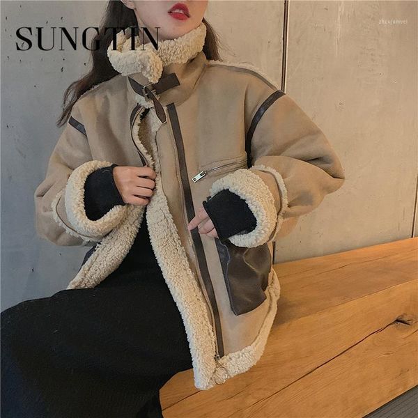 

sungtin faux lamb wool motorcycle jacket women thick suede coat warm winter casual loose streetwear chic female new patchwork1, Black
