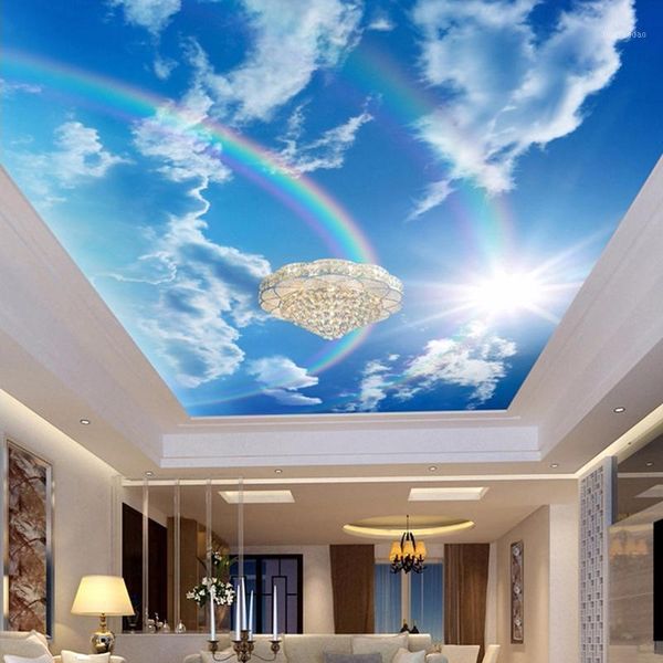 

drop shipping custom 3d wallpaper murals blue sky white clouds rainbow p mural interior ceiling decorative wall paper1