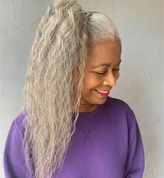

women grey kinky straight ponytail human hair extension silver greys natural pony tail gray afro ponytails 120gs, Black