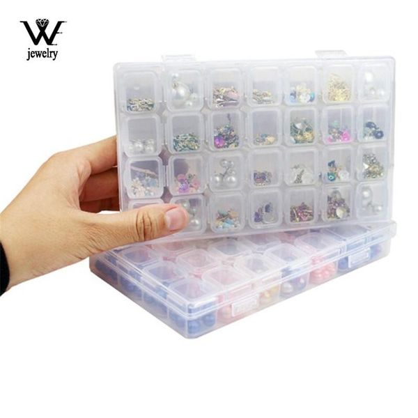 

we 1pcs plastic 28cell storage boxes slots adjustable packaging transparent tool case craft organizer box jewelry accessories, Pink;blue