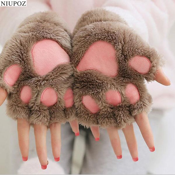 

women lovely cartoon fluffy bear cat claw paw mittens winter female half finger plush ladies fingerless warm gloves g22, Blue;gray