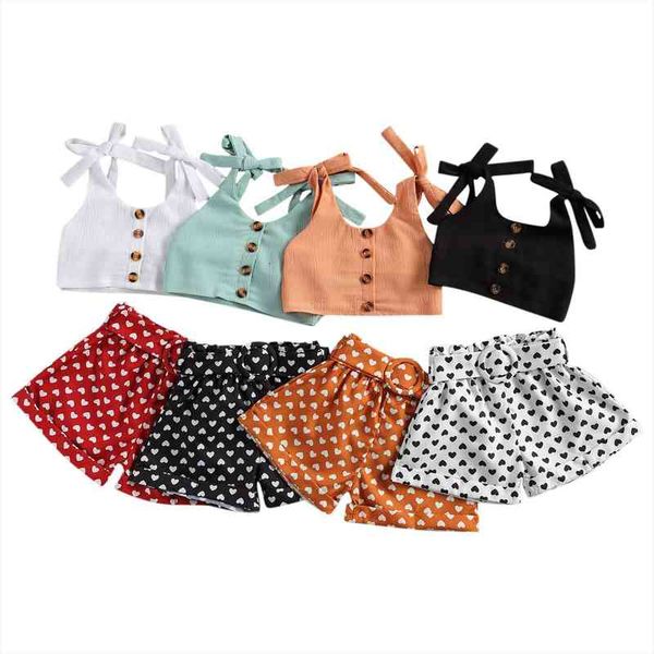 

citgeett summer lovely infant kids girls clothes set sleeveless belt button love heart print shorts valentines day outfits, White