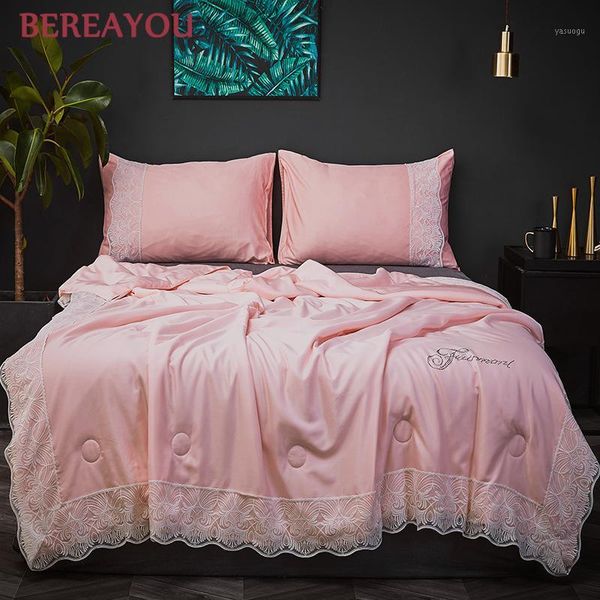 

luxury tencel lace summer quilts pink gray bed cover queen king size air-condition blanket for boys double comforter colchas1