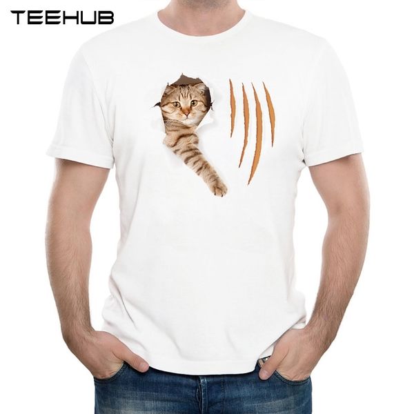 

new fashion cat in torn wallpaper hole with claw cuts printed short sleeve summer cool soft tee hooded sweatshirt hoodie men t shirt