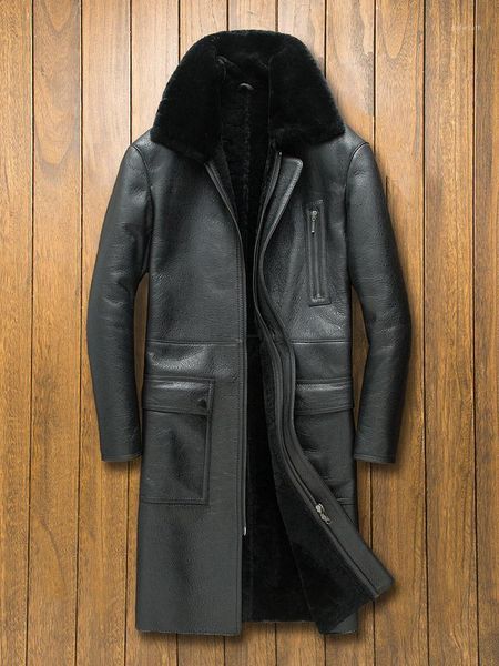 

winter real leather jacket men long sheepskin coat vintage genuine leather jackets shearling real fur coats 2020 swy-9761, Black