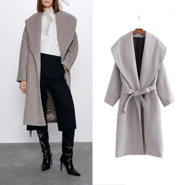 

fashion european and american style casual simple large lapel woolen coat autumn and winter women's high waist lace-up long coat1, Black