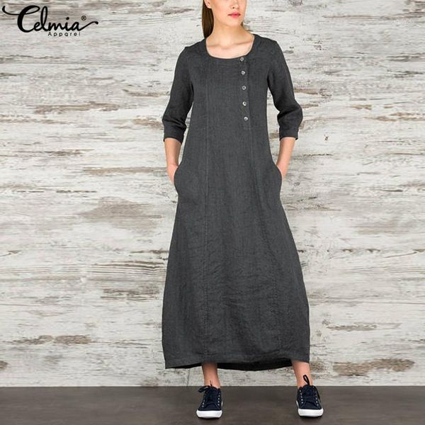 

plus size celmia women autumn vintage dress casual loose 3/4 sleeve buttons pockets maxi long dresses party vestidos robe femme1, Black;gray