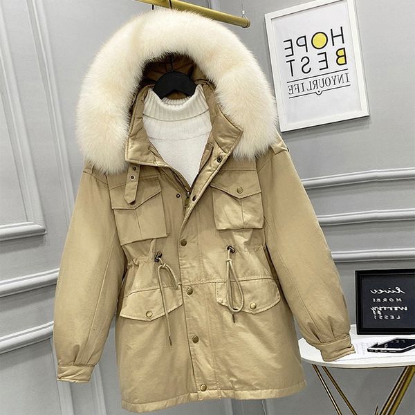 

winter 2020 female wild fox fur white duck feather, thick big pocket, warm coat, clothes