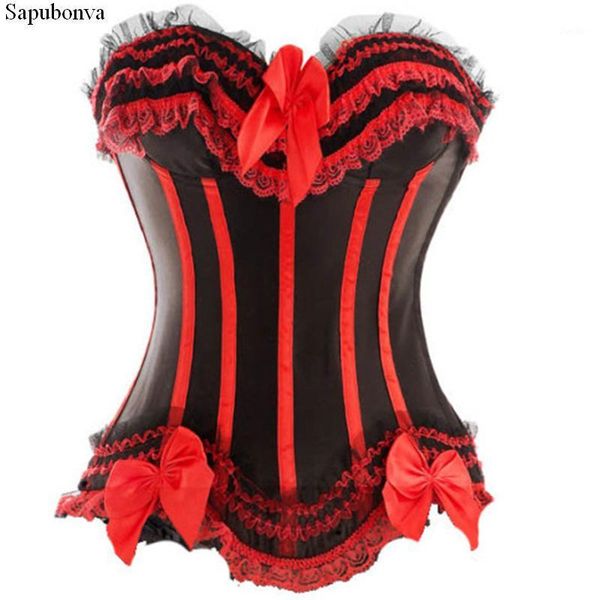 

sapubonva lace up corsets bustiers satin overbust corset striped ladies satin halloween big size red black pink korsett1, Black;white
