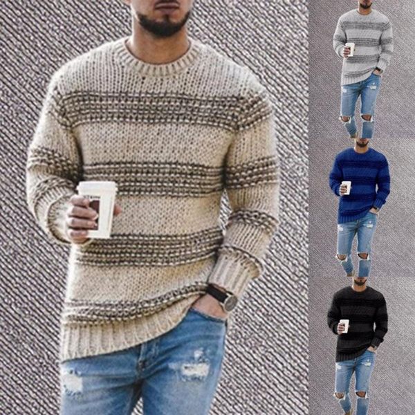 Gestreifter Strickpullover für Männer, Herbst, O-Ausschnitt, Herren-Strickwaren, Pullover, lässig, Slim-Fit, Strickpullover, Pullover, Sueter XL