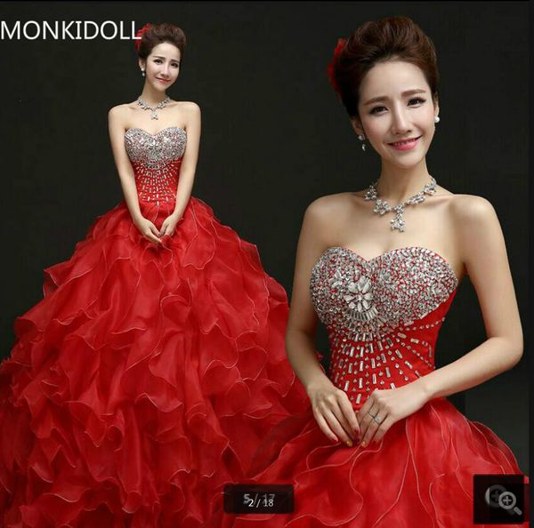 

2021 luxury red organza ball gown wedding dresses ruffled beaded crystals princess puffy corset bride dresses selling court train 2021, White