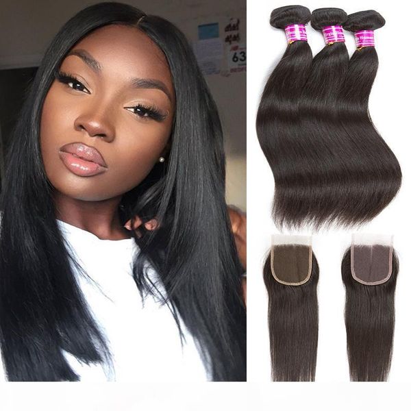 

malaysia straight virgin hair bundles extensions 10a unprocessed straight virgin human hair 3 bundles with 4x4 lace closure for black women, Black;brown
