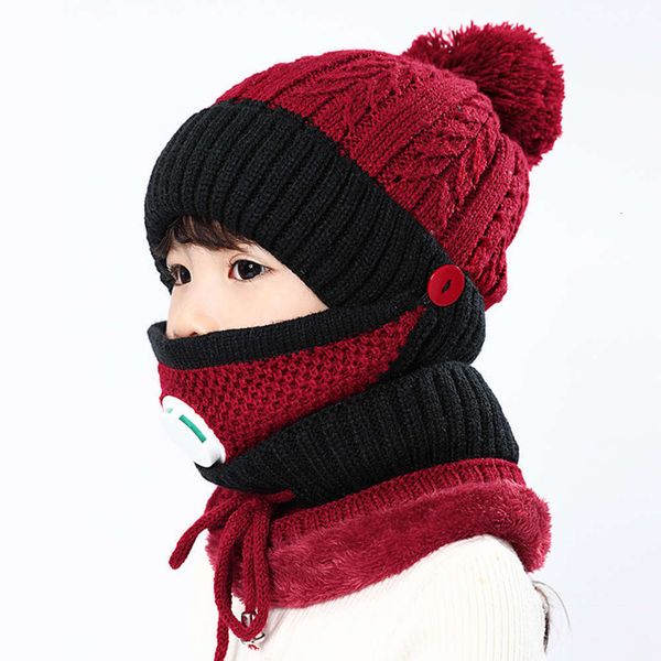 

breathing vae children's autumn winter boys' and girls' hat three piece bib, Red;brown
