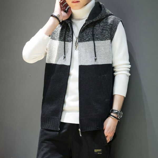 

autumn new knitted plus velvet vest sleeveless hooded sweater vest casual men's clothing, White;black