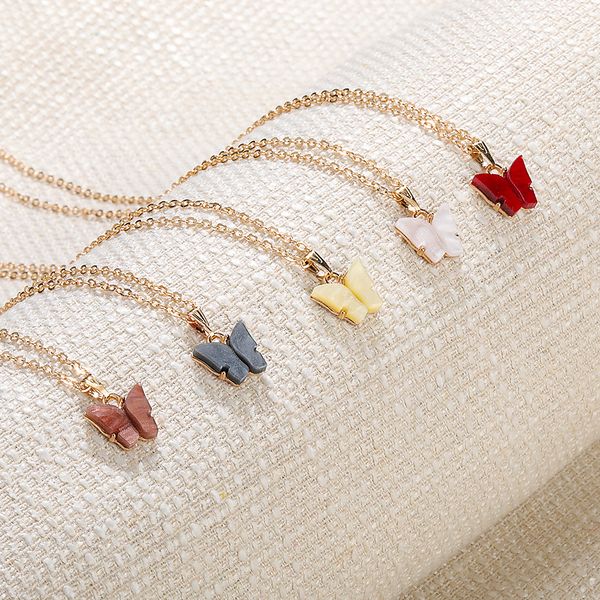 

fashion colorful acrylic butterfly necklace gold chain simple women clavicle chain charm pendant choker with card ladies jewelry gift, Silver