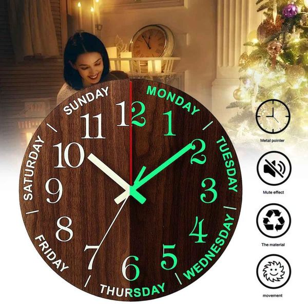 

12 inch luminous wall clock wood silent light in dark night nordic fashion wall clock non ticking with night light