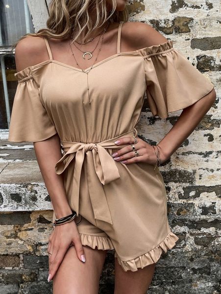 

cold shoulder ruffle trim belted romper n5fw#, White