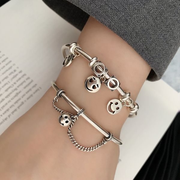 

lhkad korean smiling hop female s925 sterling face ins hip silver bracelet net red bracelet opening hand jewelry vos1s, Golden;silver