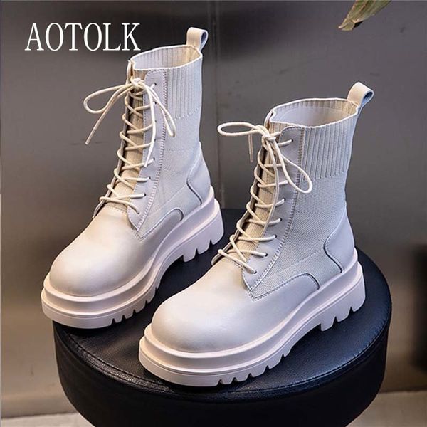 

genuine leather women lace up brand autumn boots ankle platform fashion winter shoes for female, Black