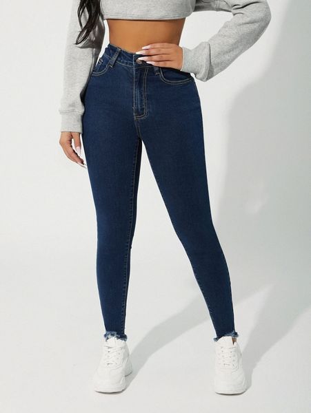 

petite high waist raw hem skinny jeans m7hd#, Blue