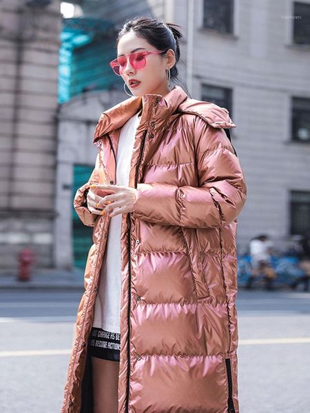 

shiny winter jacket women long hooded loose outwear korean fashion glossy plus size puffer jackets down padded coats ladies coat1, Black