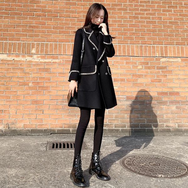 

hepburn wind woolen female double-breasted new 2021 women's spring autumn black outwear loose straight wool coat women e127