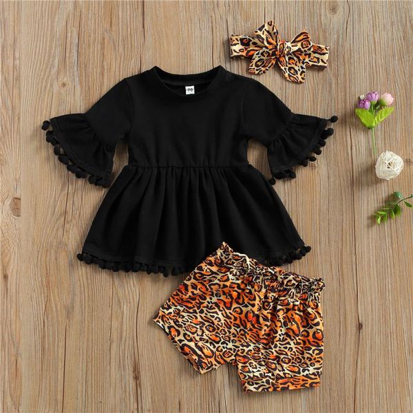

summer 2021 baby girls outfits flare sleeve solid color ruffle leopard shorts headband newborn set infant clothing, White