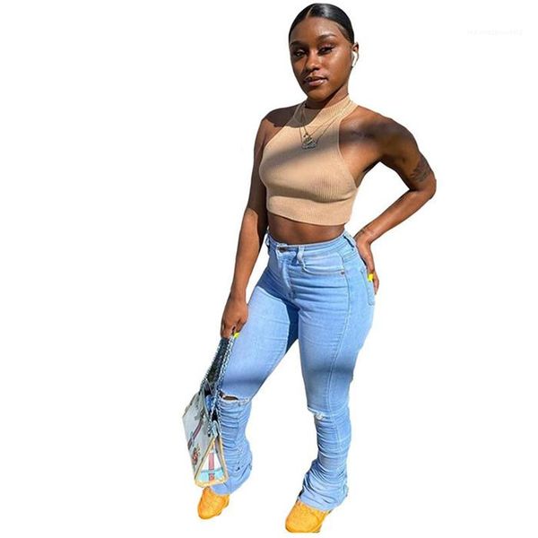 

womens jeans skinny denim stacked pants high street fashion casual women trousers high waist hole, Blue