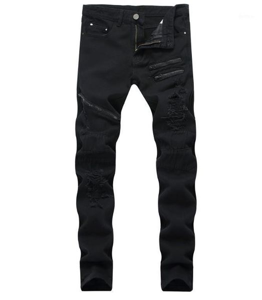 

runway biker black men's slim distressed elastic denim multi zipper package ripped jeans hiphop trousers size 421, Blue