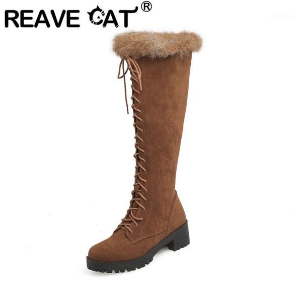 

boots reave cat mid calf knee round toe 4.5cm sqaure heel flock lace-up real fur big size 34-45 ridding a3201, Black